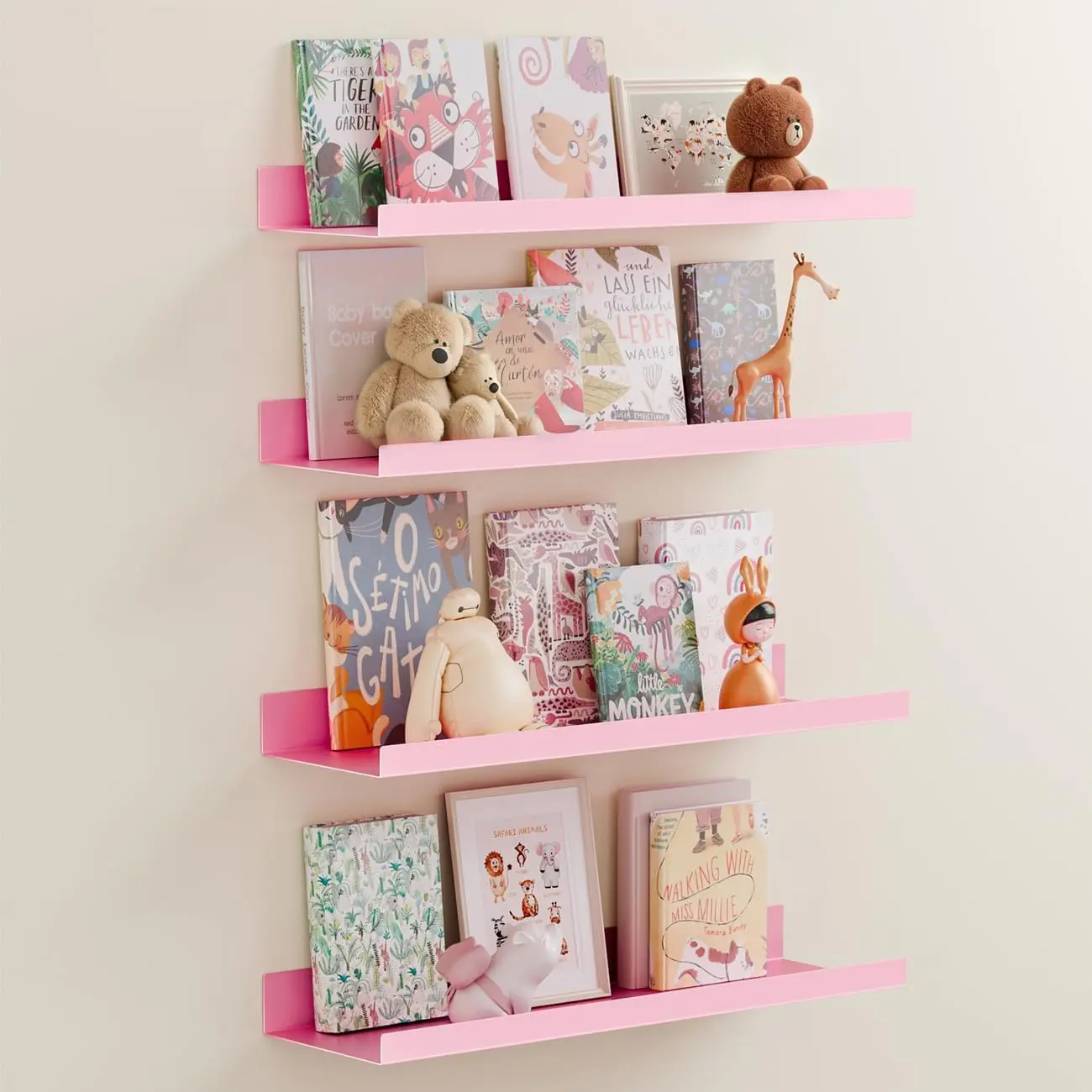 4 Pack 15" Pink Acrylic Floating Shelves, Wall Mounted Picture Ledge & Storage Rack for Perfume, Nail Polish, Toys, Books, Bathroom Bedroom & Kids Room Organization