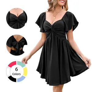 Chicovar Women's Summer Sweetheart NecklineKnot Front Flowy Mini Chiffon Dresses , Flutter Sleeve, Tie-Back, A-Line Cut, No Scratchy, No Sheer, Wedding Guest,Bridal Shower, Church, Party, Casual, or Daily Wear