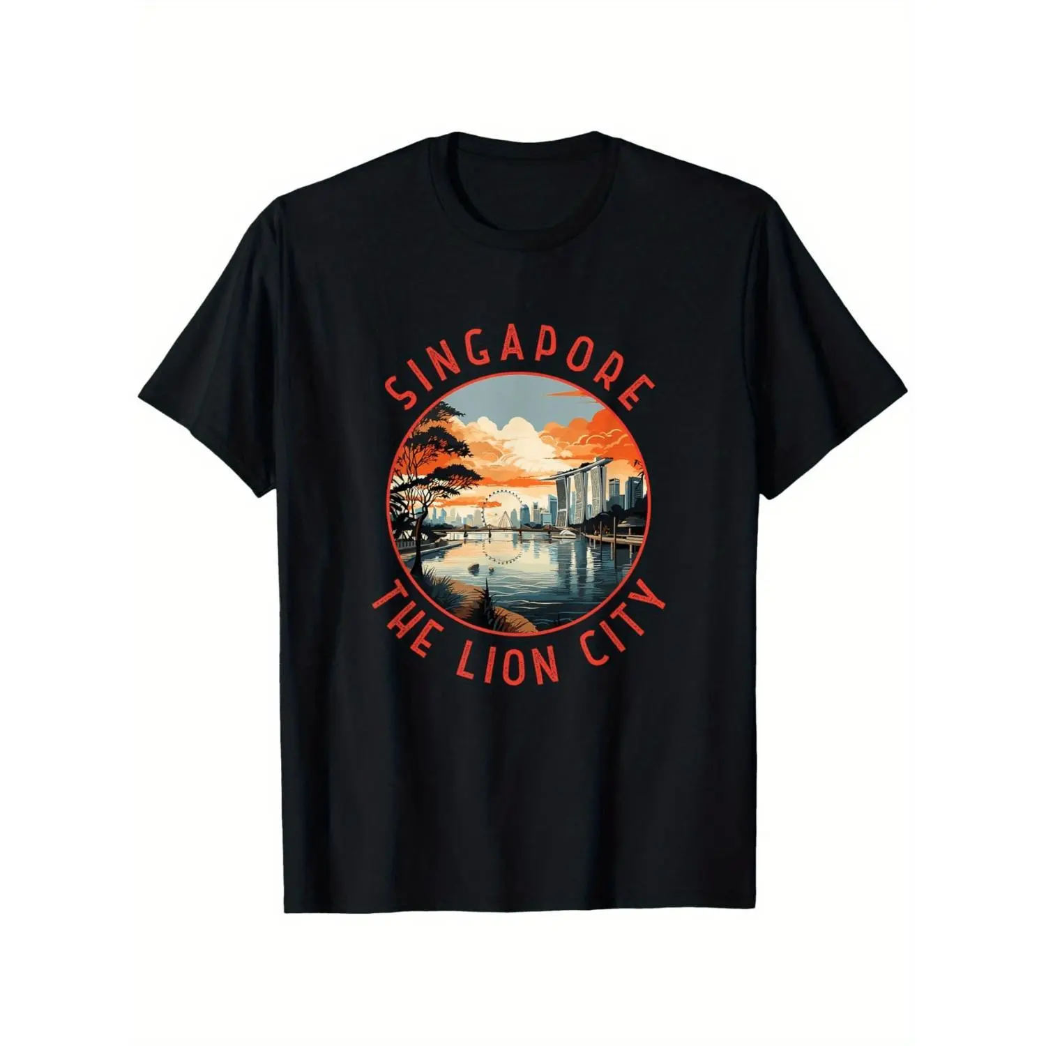 Women's Graphic Cotton Top with Distressed Singapore Print, Short Sleeve Round Neck Casual Streetwear for Work, Graphic Print