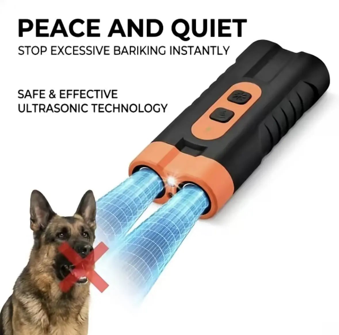 Ultrasonic Bark Deterrent Dog Training Aid, USB Rechargeable, Dual Emitters, 50FT Range, 25KHz Frequency, Flashlight, Portable Grip, Plastic Body, 2-in-1 for Indoor & Outdoor Use