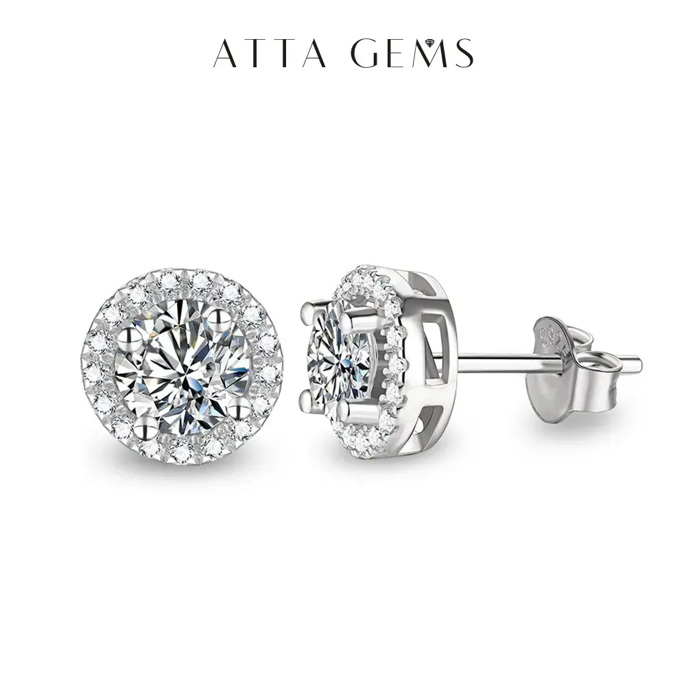 ATTAGEMS 925 Sterling Silver D Color Round Cut All Synthetic Moissanite Stud Earrings, Halo Design Solitaire Hip Hop Jewelry, Party Wear E015 Model, Moissanite Studs Earrings, Moissanite Earrings, High Quality