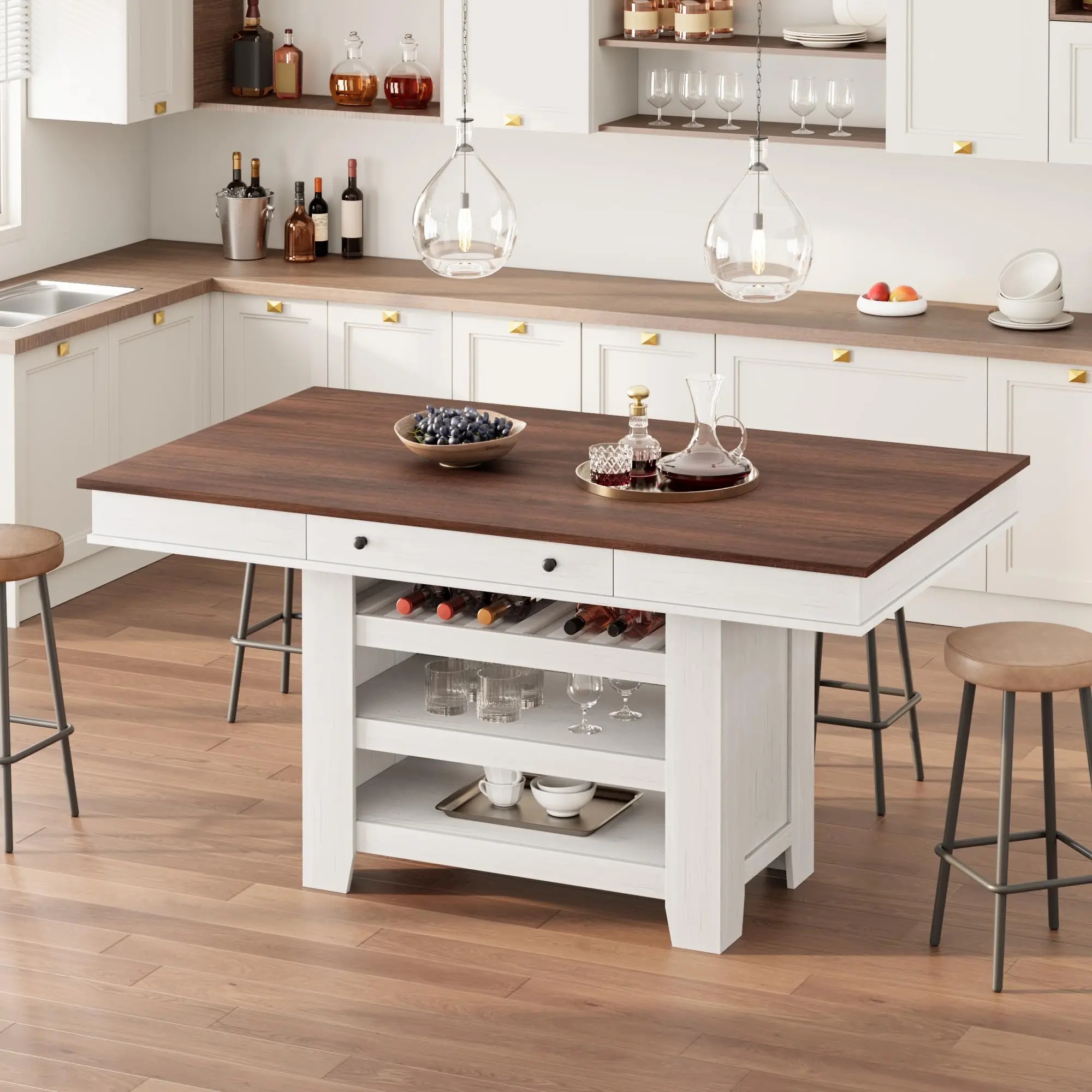 🍷 60" Farmhouse Counter Height Table – Tall Bar Table with Wine Rack & Storage Shelves – Perfect for Kitchen, Dining or Apartment ✨, Furniture For Apartment, Rectangular Dining Table, Wood Kitchen Table