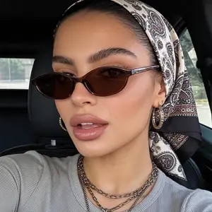 Retro Oval Women's Sunglasses with 90s Design Cat Eye UV Resistant Y2k Fashionable Narrow Tone