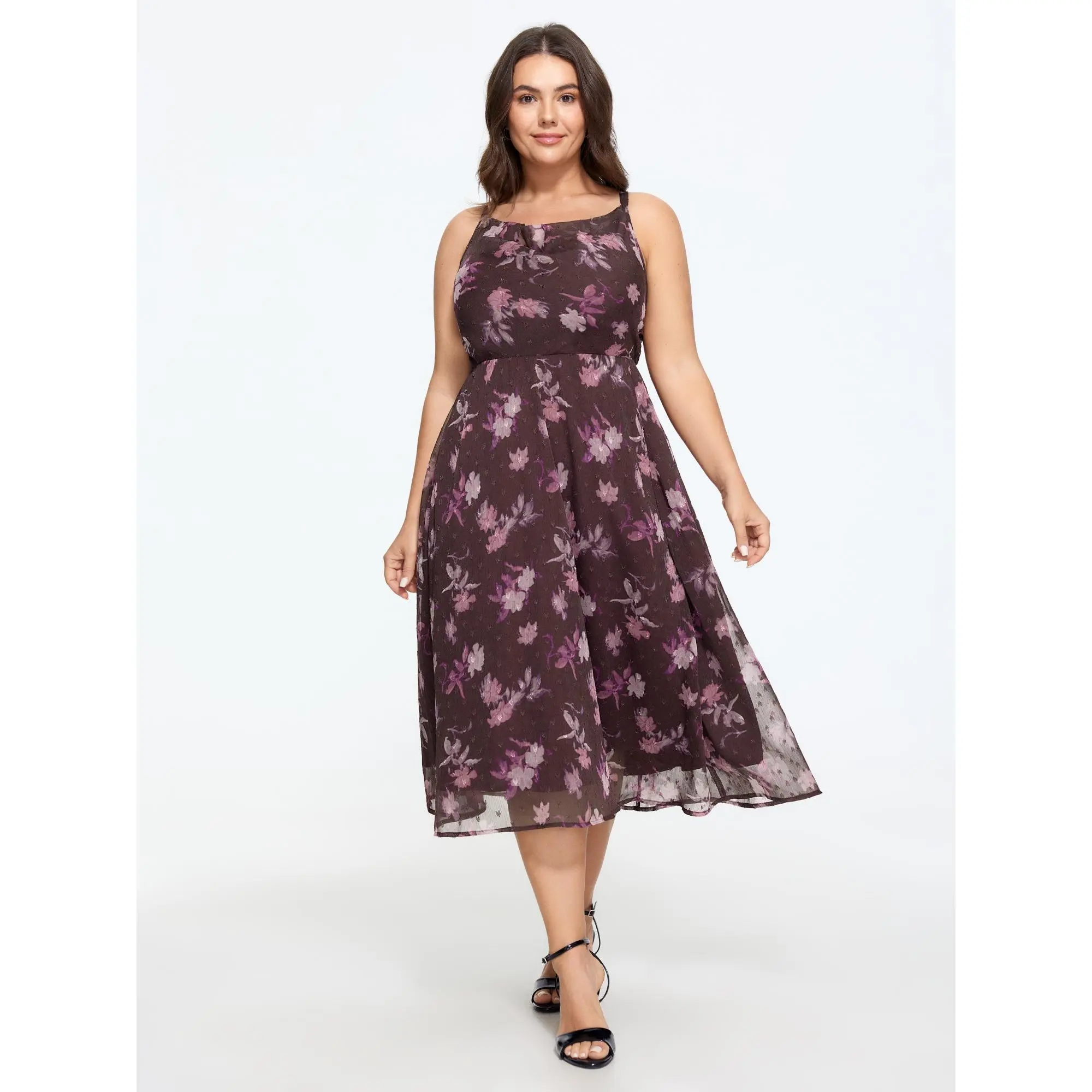 BLOOMCHIC Plus Size Floral Print Cowl Neck Flowy Midi Dress[M-6X] Back To School,Spotlight Day