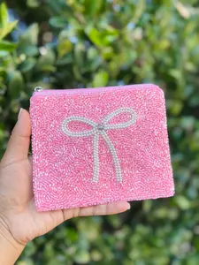 White Bow Beaded Pouch Purse