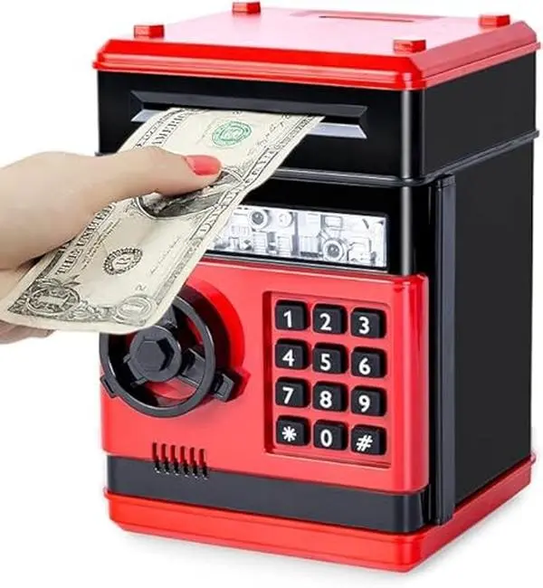 Plastic Mini ATM Electronic Piggy Bank with Password Code Lock, Auto Grab Bill Slot for Cash & Coins, Educational Money Saving Toy & Room Decor, Ideal Boy Gifts for Kids Ages 3-12 (Classic Red Black Color)