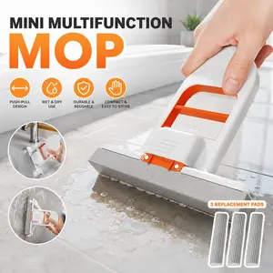 Mini Multi-Functional Mop – Handheld Self-Squeezing Cleaning Mop for Bathrooms, Kitchens, and Windows | Portable Wet & Dry Sponge Mop with 3 Replacement Mop Heads |