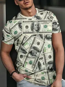 Men's Fashion Casual Short Sleeve Round Neck T-Shirt, Printed 3D Dollar Bill Pattern, Colorblock Design, Fitted Long Style