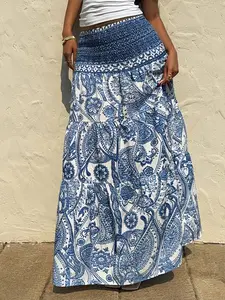 Women's Bohemian Boho Paisley Print Flare Dress, Casual Vacation Daily Wear, Spring Summer Fashion, Long Sleeve A-Line Maxi Skirt, Womenswear