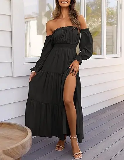Women's Off The Shoulder Maxi Dress Puff Long Sleeve Ruffle High Slit Boho Flowy Tiered Long Dresses for Summer Party Beach - TikTok Shop Women's Off The Shoulder Maxi Dress Puff Long Sleeve Ruffle High Slit Boho Flowy Tiered Long Dresses for Summer Party Beach - TikTok Shop