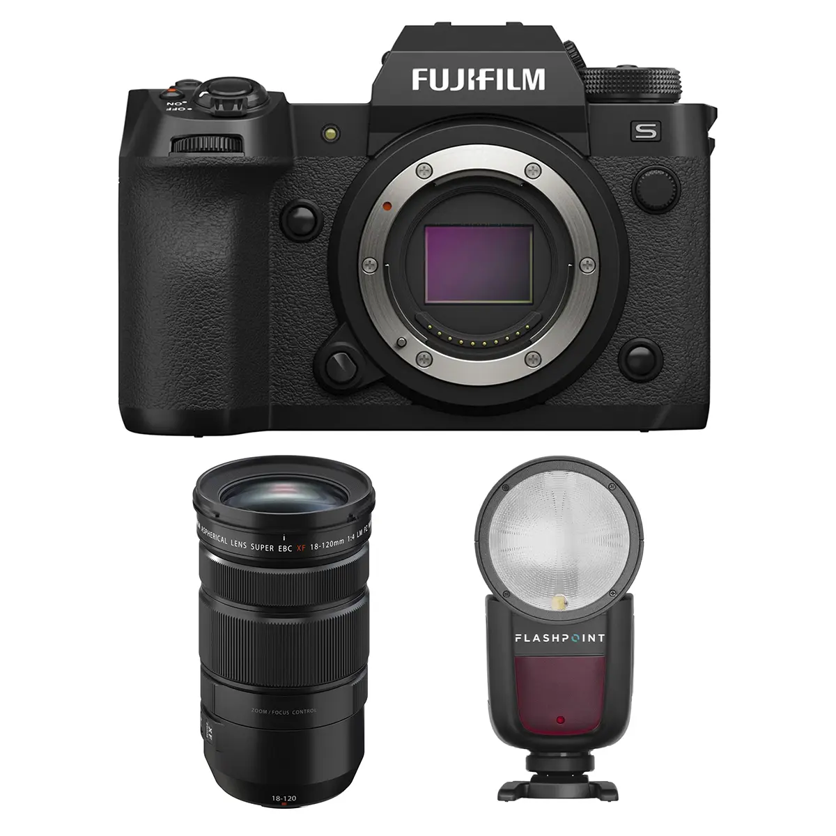 Fujifilm X-H2S Mirrorless Camera with XF 18-120mm f/4 LM PZ WR Lens, Black, Bundle with Zoom Li-on X R2 TTL On-Camera Round Flash Speedlight
