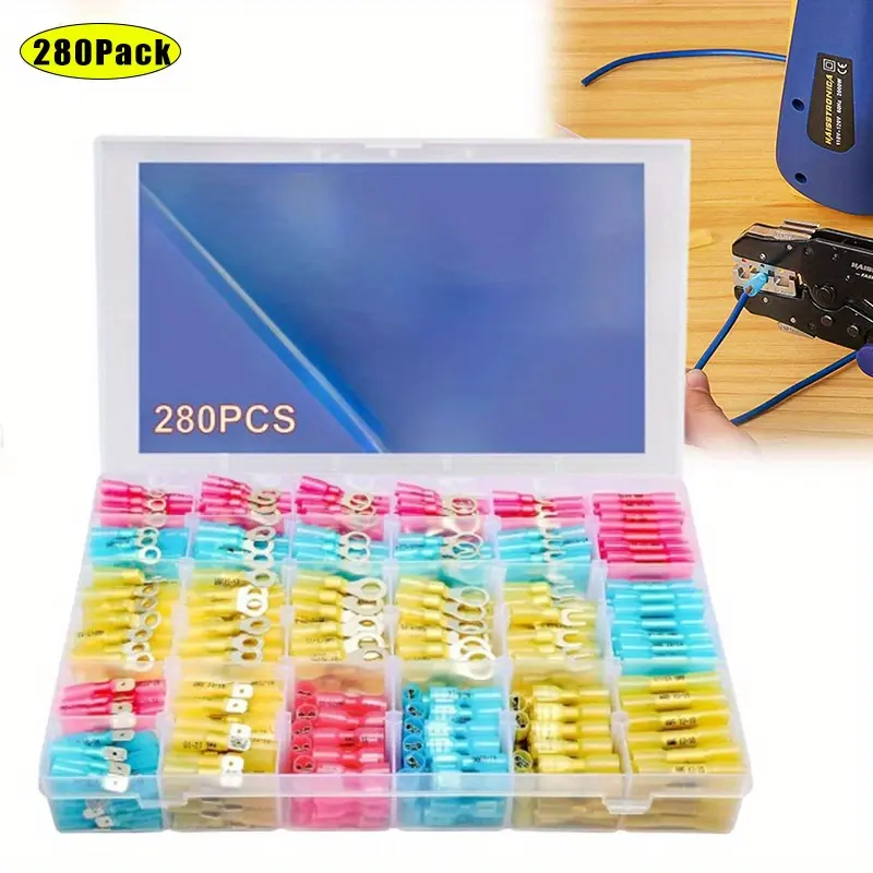 280 Pcs Marine Grade Heat Shrink Wire Connectors,Electrical Connectors Kit of Tinned Red Copper,Crimp Insulated Ring Fork Spade Butt Splice,16-14 22-16 12-10 Gauge,Tools & Hardware