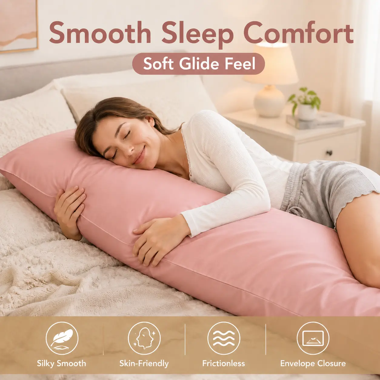 Body Pillowcase 20x54 – HTA Silky Satin Anti-Acne Cover, Frictionless Microfiber, Skin-Friendly Soft, Envelope Closure Luxury Bedding Gift