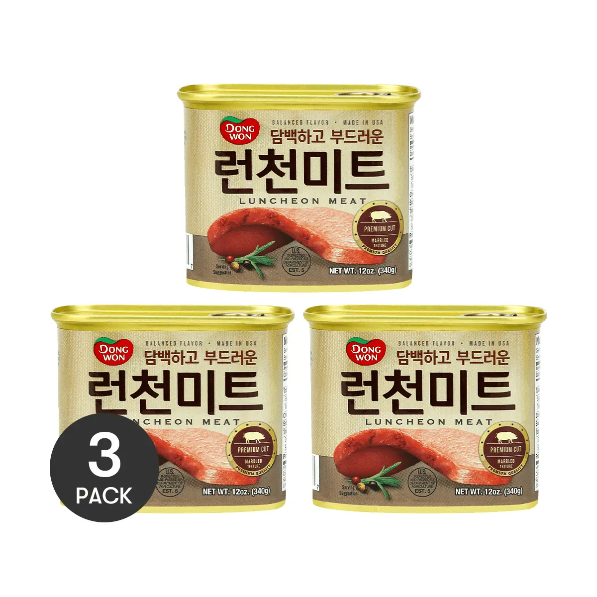 DONGWON Premium Pork Luncheon Meat Can - 340g x 3 Value Pack, Ready-to-Eat Korean Delicacy