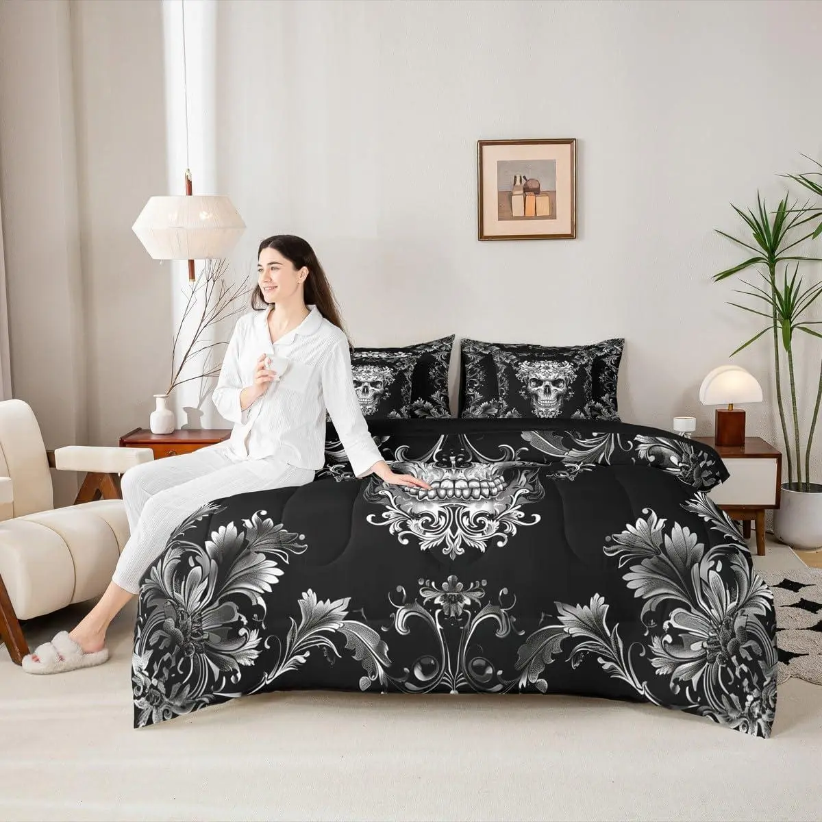 Gothic Skull 7 Pieces Comforter Set,Grey Floral Skeleton Halloween Bedding Set,Victorian Baroque Gothic Bed in A Bag with Comforter,Sheets and Pillowcases,Kids Boys Girls Teens Room Decor
