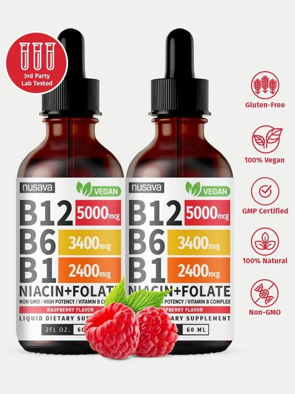 2 Pack NUSAVA Vitamin B12 Liquid Supplement Drops with B6, B1, Niacin & Folate - Edible Support for Energy, Brain & Heart, Non-GMO & Gluten-Free, 4 Fl Oz Fitness Dietary