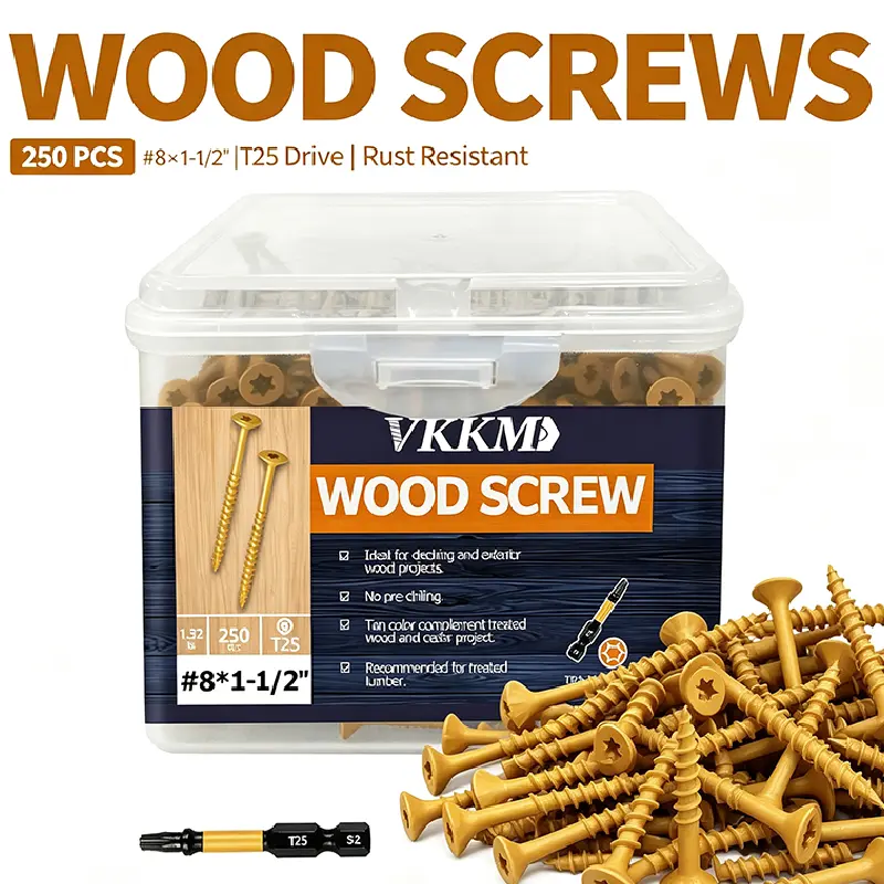 VKKM 250 Pack #8 x 1-1/2" Exterior Deck Screws, Rust Resistant Carbon Steel Flat Head T25 Star Drive Self-Tapping Wood Screws, Free T25 Bit Included for Outdoor Decking, Fencing & Treated Lumber