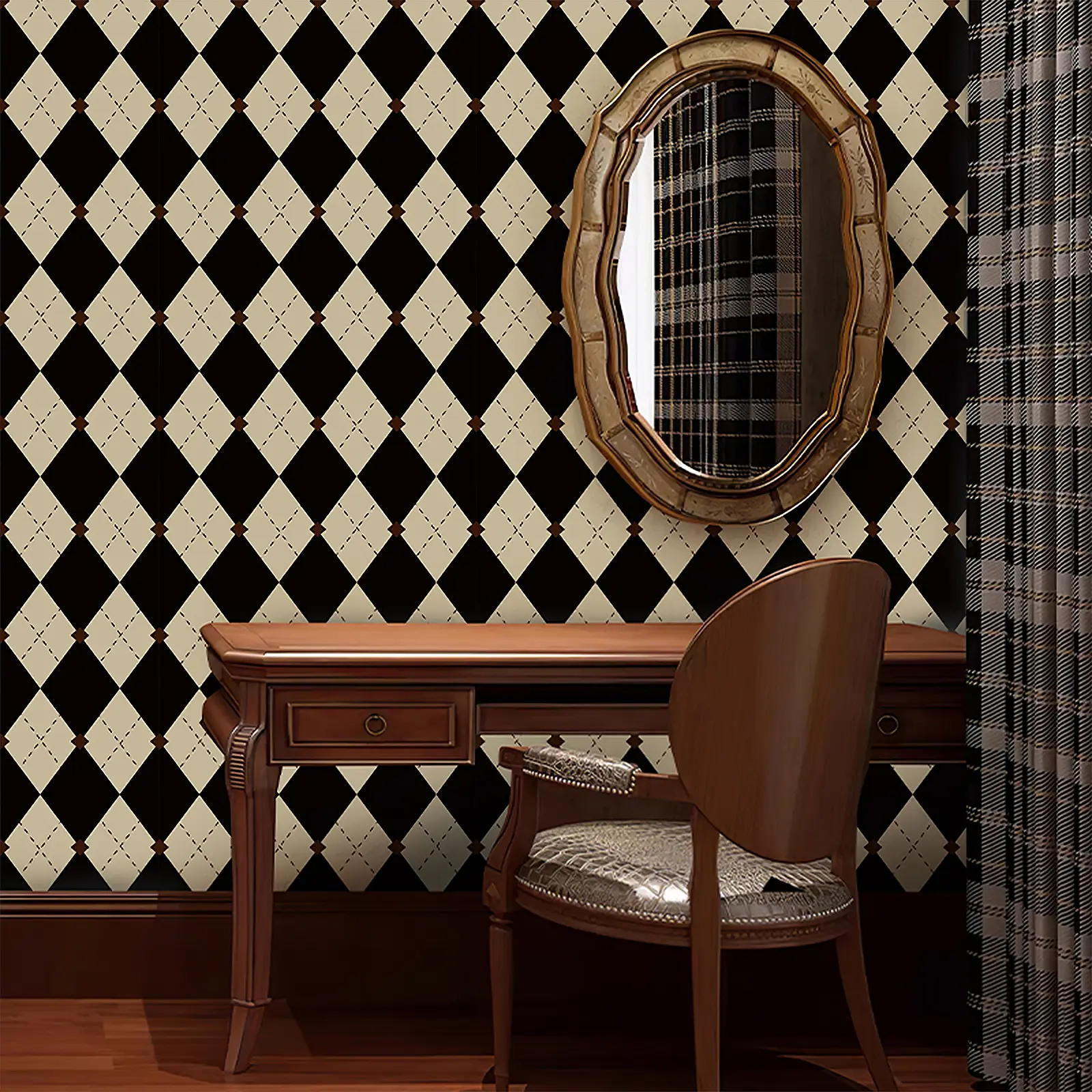 Retro Peel and Stick Wallpaper Black and White Cream Wallpaper Vintage Plaid British Geometric Wall Paper for Bathroom Kitchen Cabinet Contact Paper 17.3"x236"