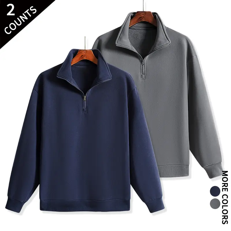 2 Counts Men Stand Collar Quarter Zip Pullover Sweatshirts Soft Long Sleeve Casual Sweat Tops For Outdoor Jogging Home Office