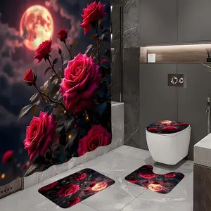 1/4pc Moonlight Rose Pattern Bathroom Set, The 4-piece set includes a single shower curtain, anti slip floor mat, toilet U-shaped mat, toilet lid mat, with shower curtain hook, and belongs to bathroom decoration products