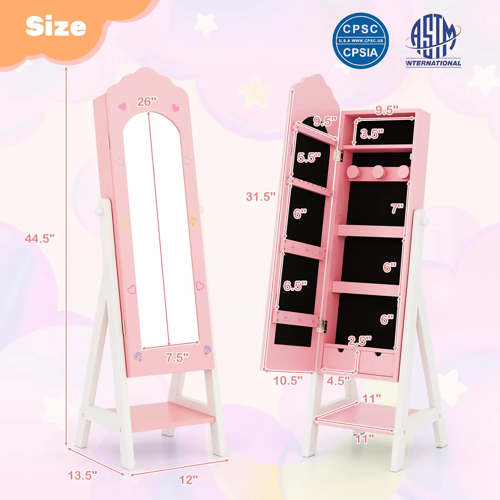 COSTWAY - 2 Pieces Kids Vanity Set and Jewelry Armoire Cabinet with Full-length Mirror-Pink