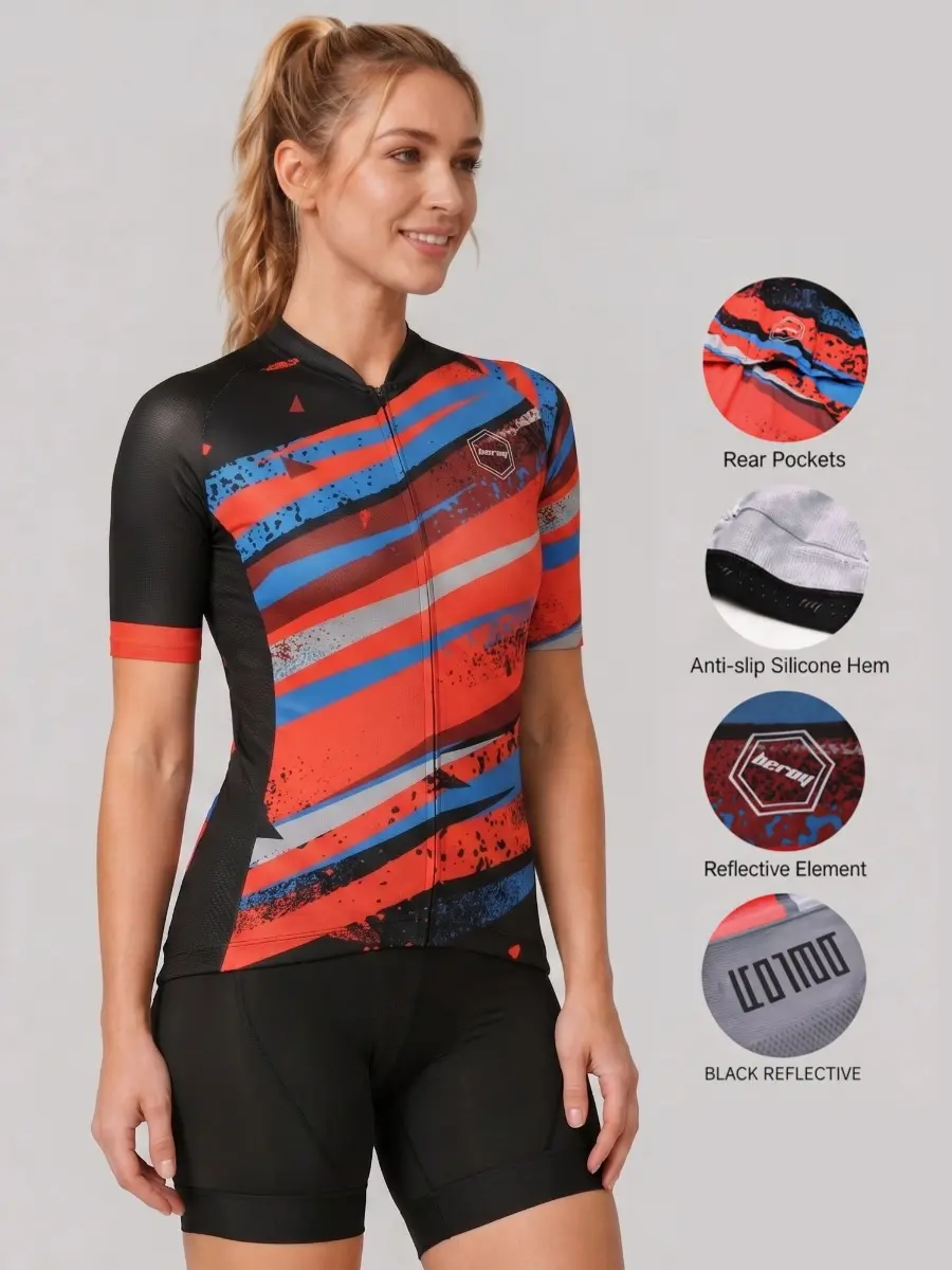 Women’s Female Fit Short Sleeve Professional Road Biking Jersey - Stretch Fabric, Quick Drying, Sun Protection, Printed Graphics, Multi-Size Summer Road Bike Top