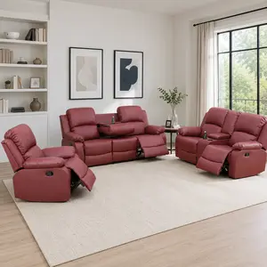 Wine Red Manual Recliner Sofa Set, 3 Piece Living Room Furniture Set with Reclining Couch, Loveseat & Chair, Breathable Leather Recliner with Cup Holders & Storage Console