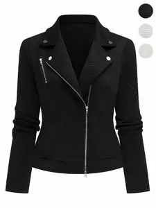 Women's Casual Lapel Zipper Jacket Coat, Stylish Motorcycle Outerwear with Button Details, Perfect for Spring & Fall Fashion