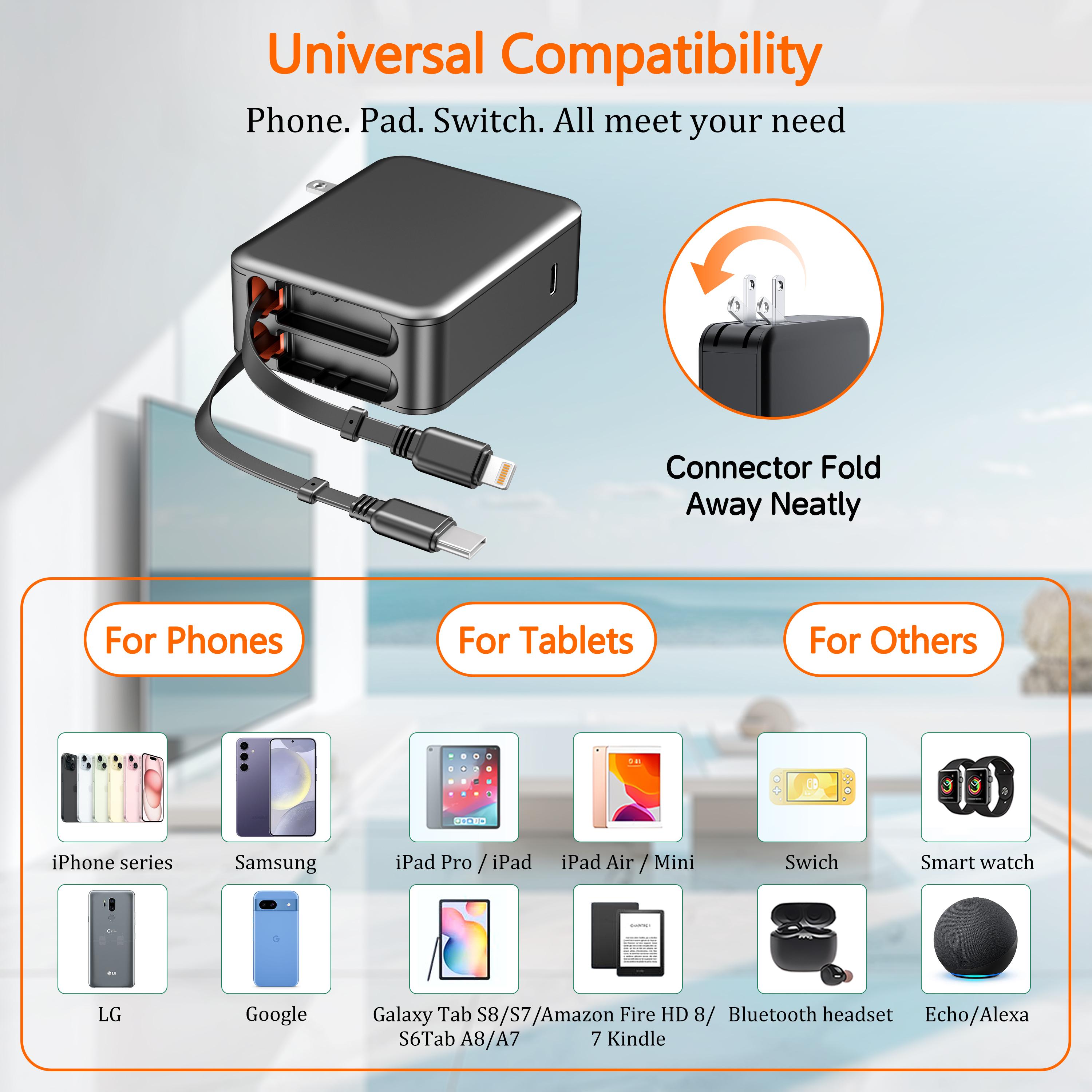 35W Retractable Wall Charger with Dual Cables, 3-Port USB Hub for Fast Charging iPhone 16/15/14/13/12/11, iPad, Samsung, LG & More