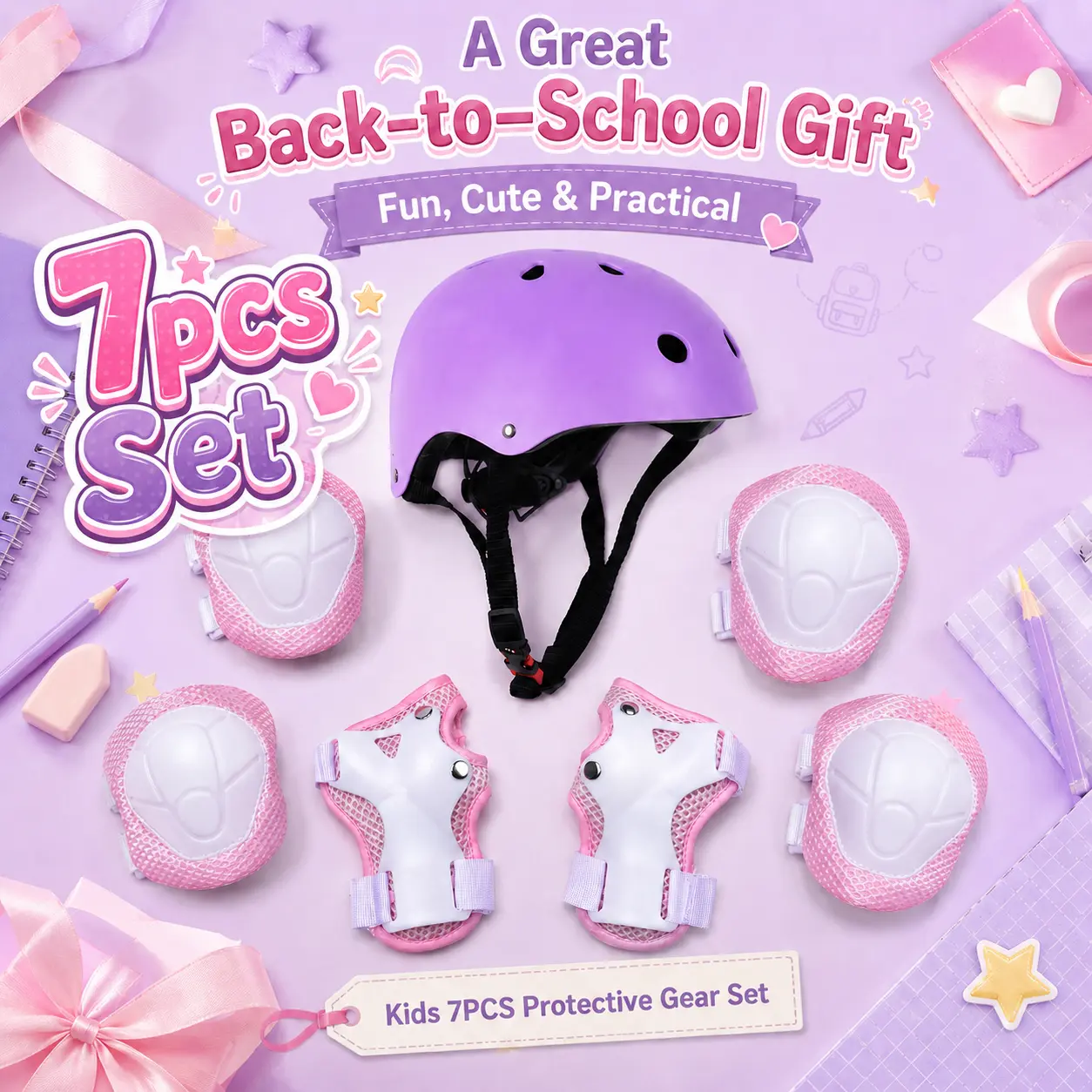 CPC Certified 7-Piece Sporty Protective Gear Kit - Adjustable Helmet with Ventilation, Knee Pads, Elbow Pads, Wrist Guards, Adjustable Straps, EPS/PVC Shell, One Size Fits Roller/Skate Multi-Sports for Ages 5-10