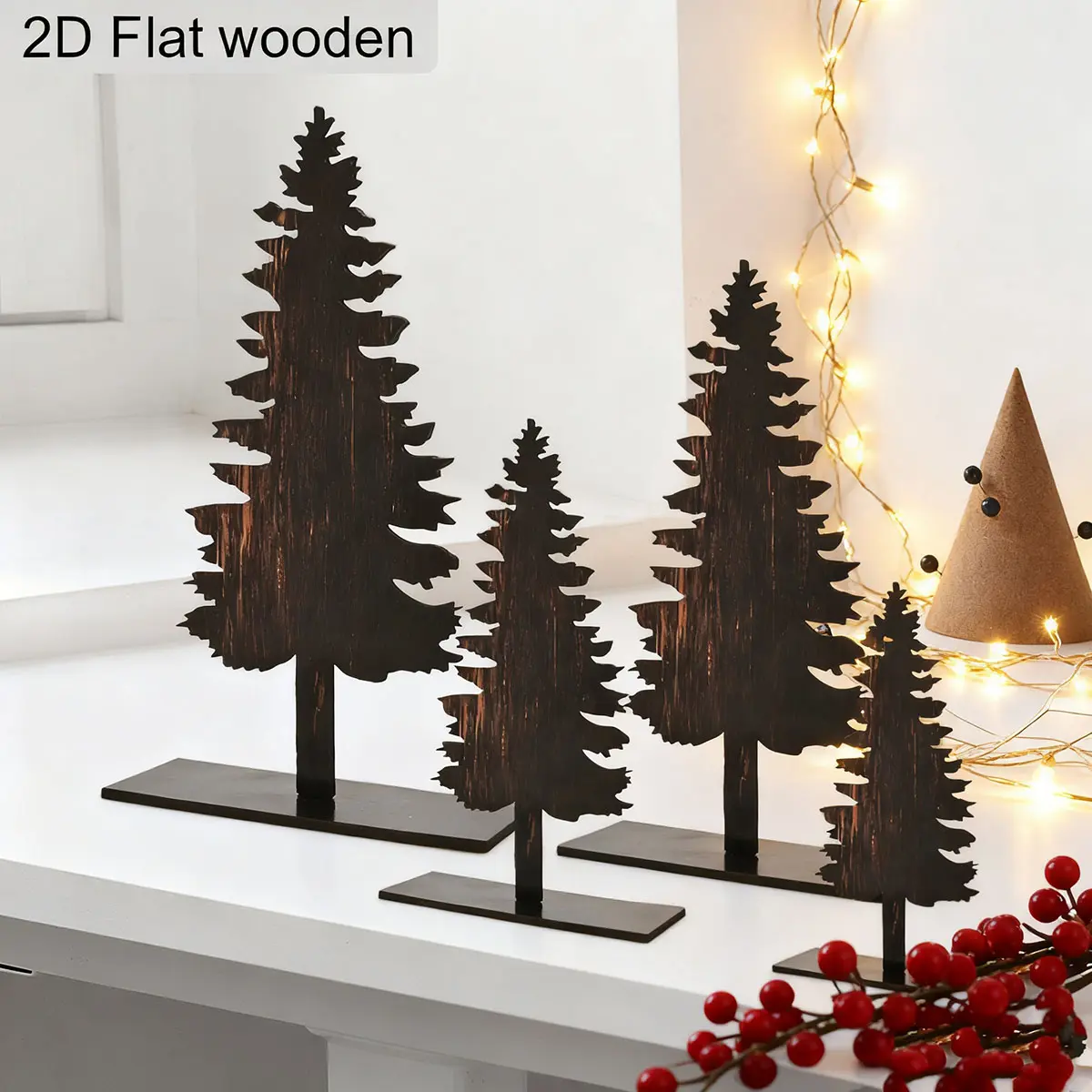 Charming 4-Piece Pine Tree Shaped Wooden Decorative Plaques, Christmas Tree Ornaments, Christmas Decorations, Shelf Kitchen Centerpiece Decoration, Table Centerpiece Decor, Room Decor Ornament