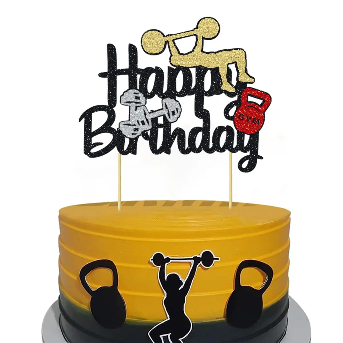 1pc Weightlifting Happy Birthday Cake Topper Decorations Glitter Dumbbell Cake Decoration for Fitness Theme Birthday Party Cake Decor Supplies Sparkle Toppers