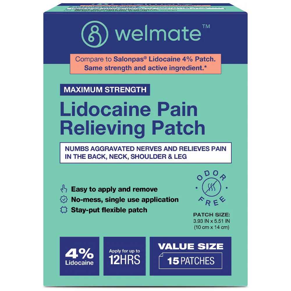WELMATE 4% Lidocaine Pain Relief Patches, 15 Patches - Maximum Strength Odor Free Numbing Patch for Back, Neck, Shoulder and Knee