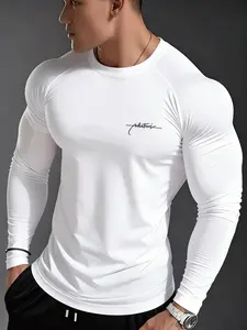 Men's Fitted Long Sleeve Tight Fit Shirt, Whatever Minimalist Handwriting Print, Modern Street Style, High Stretch Breathable Fabric, Streetwear
