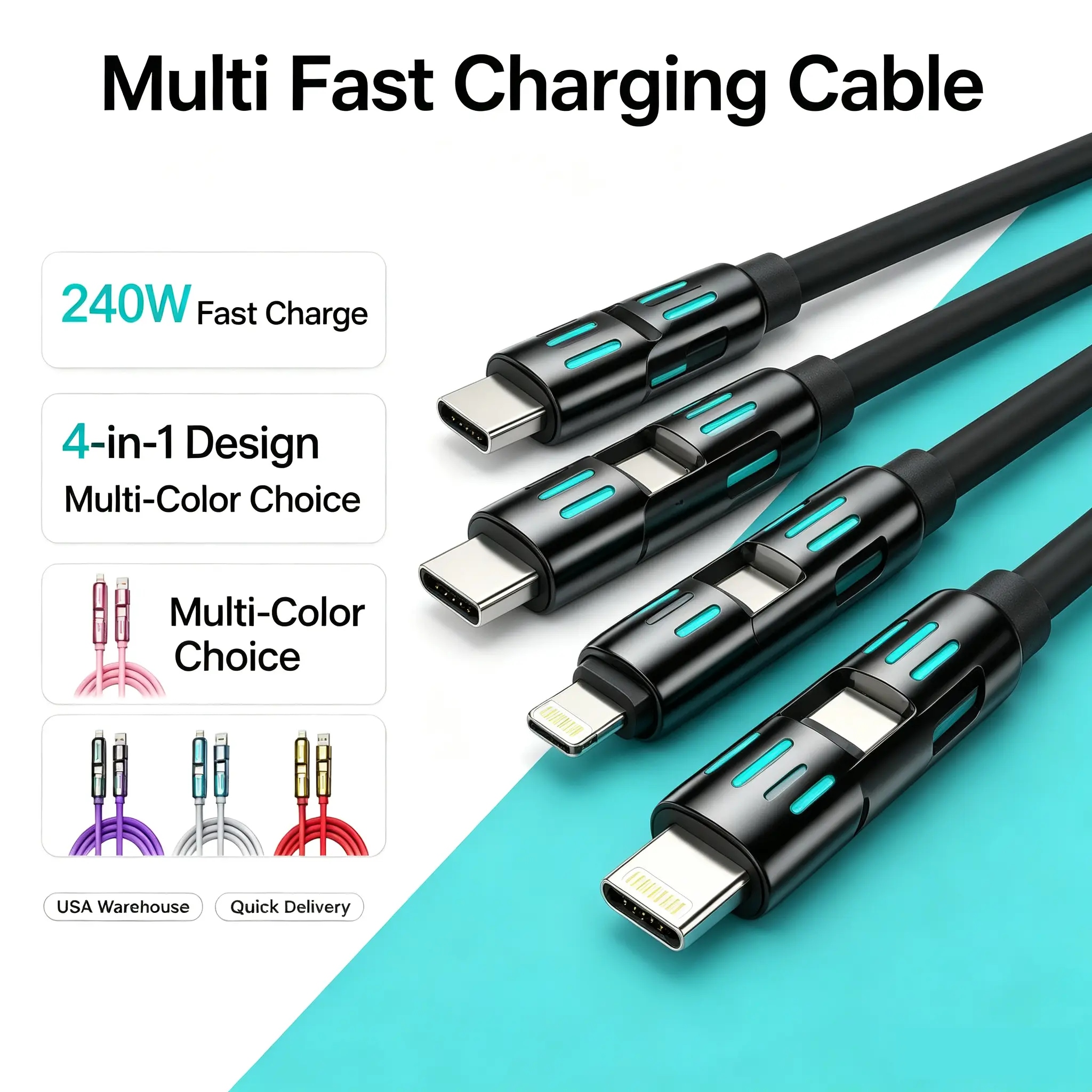 5ft 4-in-1 Multi USB ChargingCable with USB A,Type C,Lightning-MAX100WFast Charging & Data Sync for iPhone16/15,iPadPro, fast charger usb cable 4-in-1 fast BreathingLight -max 1 usb-c data 4 1 charging cable