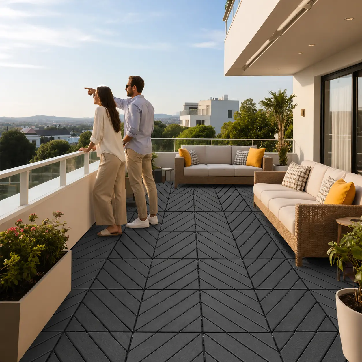 44-Pack Interlocking Heavy-Duty Plastic Deck Tiles - Waterproof All-Weather Outdoor Flooring, Easy-Install Interlocking System, Low-Maintenance - Brown & Grey for Patio, Poolside
