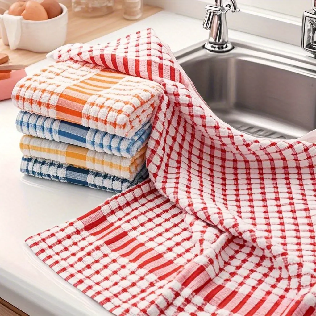 5 Pack Large Checkered Cleaning Cloths, Absorbent Washcloths in Assorted Colors for Kitchen, Absorbent Durable Polyester Towels for Home, Outdoor & Car Use, Detailing Towel, Durable Cleaning Supplies, Multipurpose Cleaning Cloths