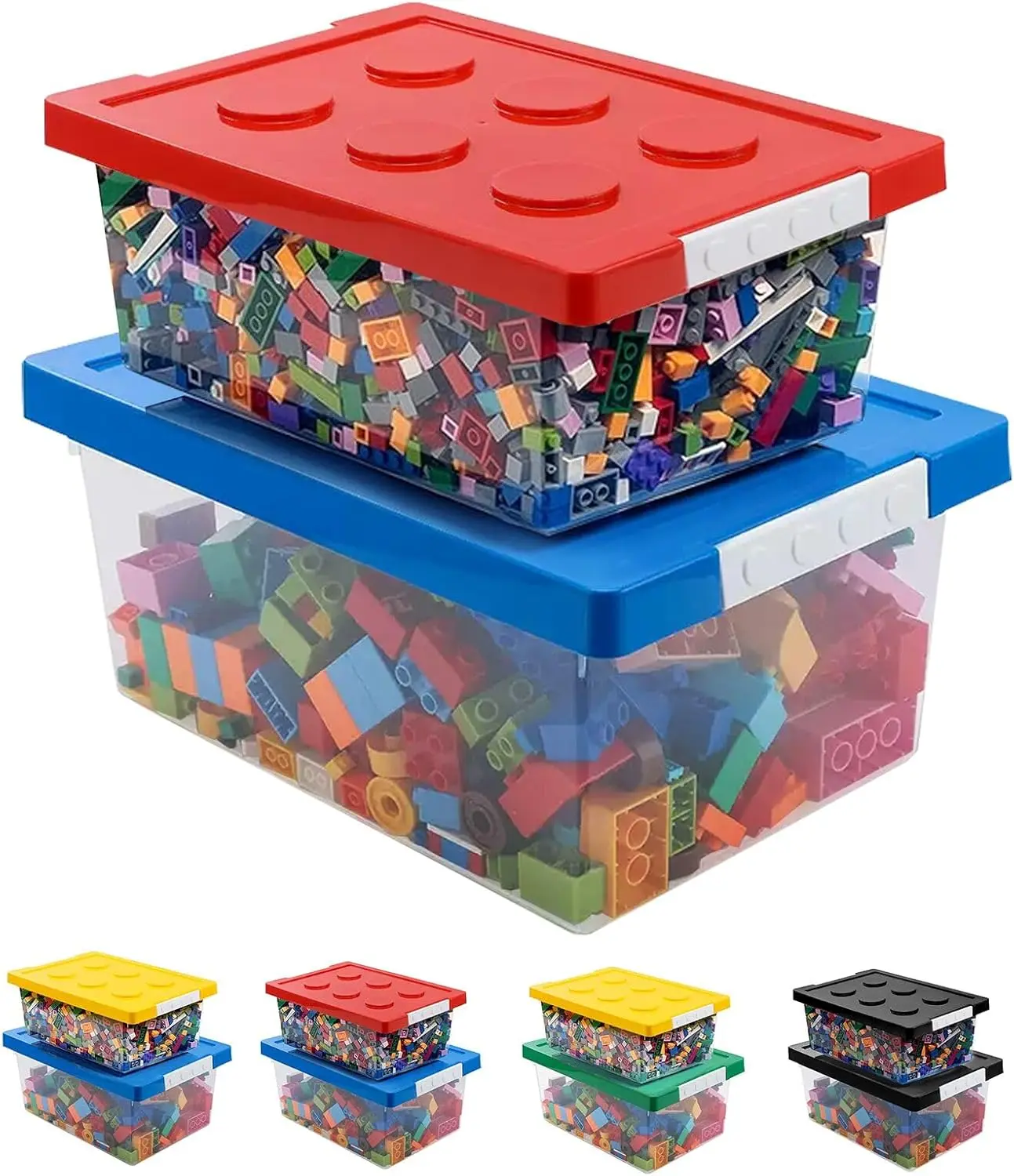 Plastic Storage Bins with Lids - Stackable Toy Storage Organizer Box Set of 2, Toy Chests with Compatible Building Baseplate and Lid, Storage Container for Building Bricks - Yellow+Green