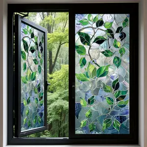 1pc PVC Stained Glass Decorative Window Sticker - Vibrant Green Leaves & Colorful Glass Design, Static Cling Privacy Film for Home Windows & Bathroom Doors, Heat Resistant & Removable, 17. 7x39. 4in (45x100cm), Bathroom Window Decoration | Vibrant Window