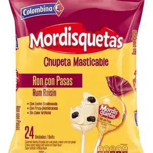 Colombina Mordisquetas Chupeta Masticable Ron con Pasas Rum Raisin or Maracuya Flavored Lollipops 24 Units