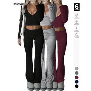 Women's 2/6 Piece Matching Set Long Sleeve Deep V Neck Crop Top and Foldover Flare Leggings Yoga Outfit