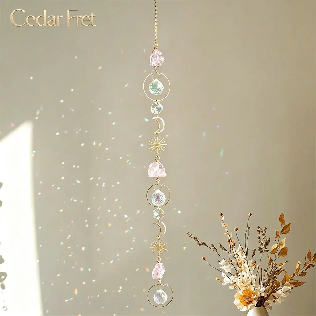Crystal Sun Catcher, Amethyst Suncatchers Hanging Wind Chime, Handmade Rainbow Maker Indoor Outdoor Decor for Window Bedroom Courtyard Garden, Bless Gift