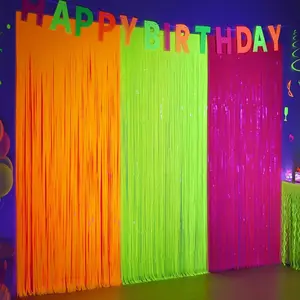 Glow in The Dark Party Supplies, 3 Pack Neon Party Decorations 9.9 x 6.6 ft Fluorescent Tinsel Foil Fringe Curtains, Neon Backdrop Streamer for Birthday, Wedding, Graduation Party Supplies