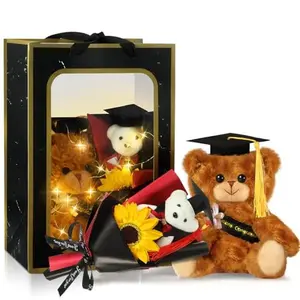 Graduation Bear Gift Set Class of 2026 Stuffed Bear with Gown Cap Tassel Card Soap Artificial Flower Glowing Box Grad Gifts with Bear Bouquet for High School College Kindergarten Graduates Daughter Son Niece for Graduation Season Ceremony Grad Basket