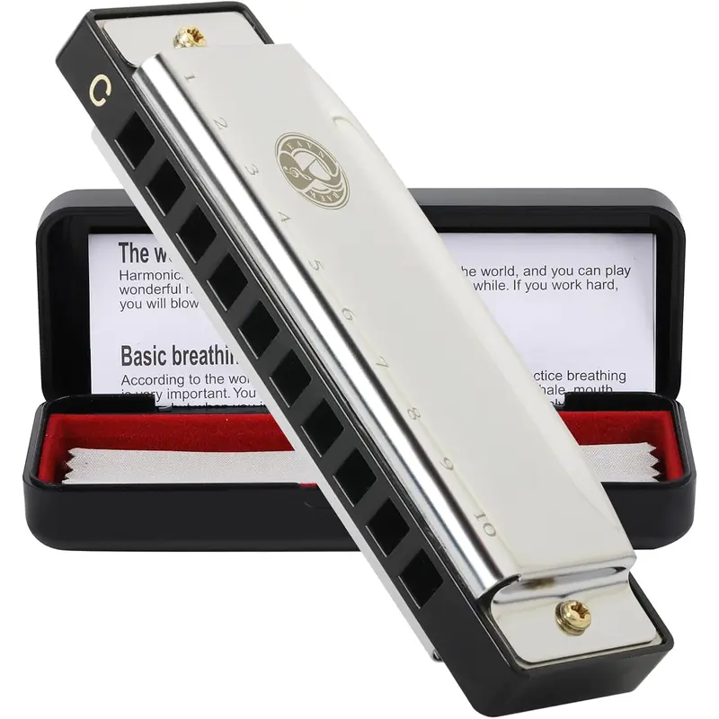 10 Holes 20  Blues Harp Mouth Organ Harmonica, Diatonic Blues Harmonica Key of C, For  Adults Student Beginners Professionals, with Hard Case and Cleaning Cloth (Sliver)