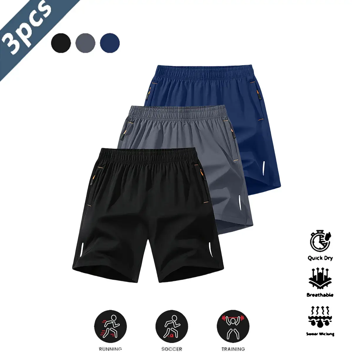 Men’s lightweight quick-dry breathable three-piece set, casual athletic style, anti-wrinkle, 100% polyester fabric, solid color, with reflective stripes, gym workout wear, spring collection