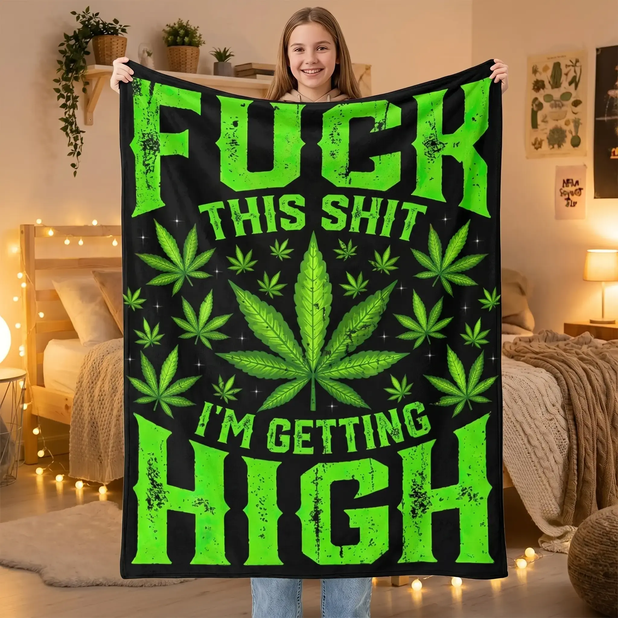 Super Soft Polyester Flannel Stoner Blanket - "Fuck This Shit I'm Getting High" Marijuana 420 Graphic, Warm Plush Throw for Women, Sofa Couch Bed Use, Home Decor Gift for All Seasons