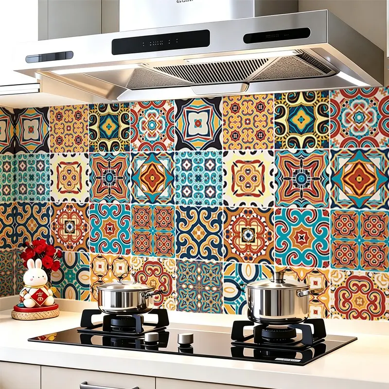 Bohemian Moroccan Red Orange Floral Peel and Stick Vinyl Backsplash, Decorative Decal, Removable Heat Resistant Waterproof Oilproof Contact Paper, Kitchen Decor Sticker, PVC Waterproof Stickers for Stove Cabinet Countertop 40×500cm 15.8×196.85in