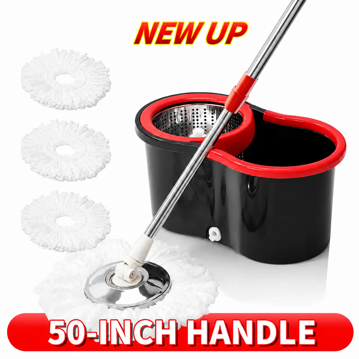 Spin mop and bucket set with wringer, 360° rotating mop–bucket system, includes three microfiber mop refill heads and a 50-inch adjustable stainless steel handle, ideal for bathroom use, efficient floor cleaning, home cleaning