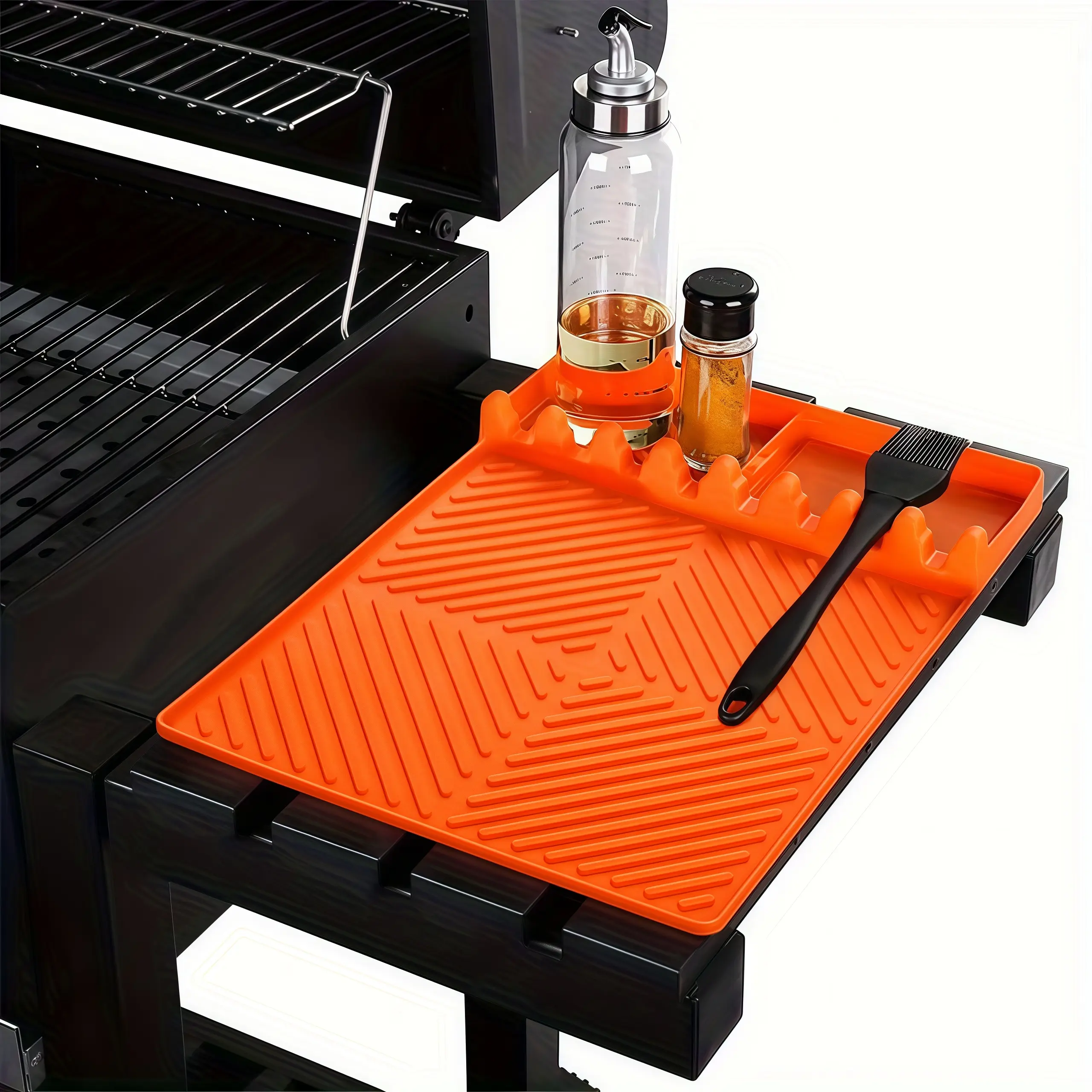 Silicone Griddle Mat With Drip Pad, Heat Resistant BBQ Tool Rest Mat, 15.7x11.2 Inches Large Grill Cover Mat for Outdoor Kitchen Countertop, Gray & Orange, Perfect Gift For Men Grill Lovers